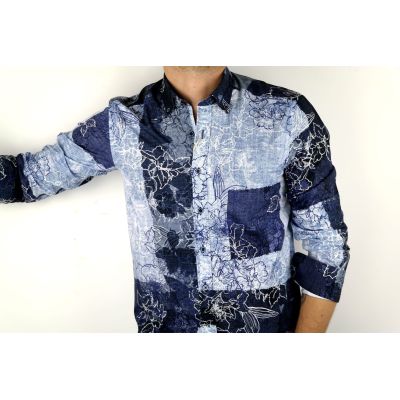 DANIEL BESSI Koszula męska fb221 niebieska, granatowa, kwiaty, jeans | Sklep GriShop.eu | Koszule