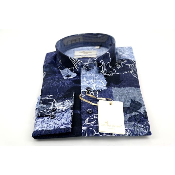 DANIEL BESSI Koszula męska fb221 niebieska, granatowa, kwiaty, jeans | Sklep GriShop.eu | Koszule