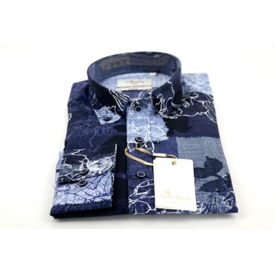 DANIEL BESSI Koszula męska fb221 niebieska, granatowa, kwiaty, jeans | Sklep GriShop.eu | Koszule