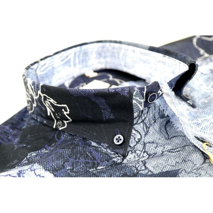DANIEL BESSI Koszula męska fb221 niebieska, granatowa, kwiaty, jeans | Sklep GriShop.eu | Koszule