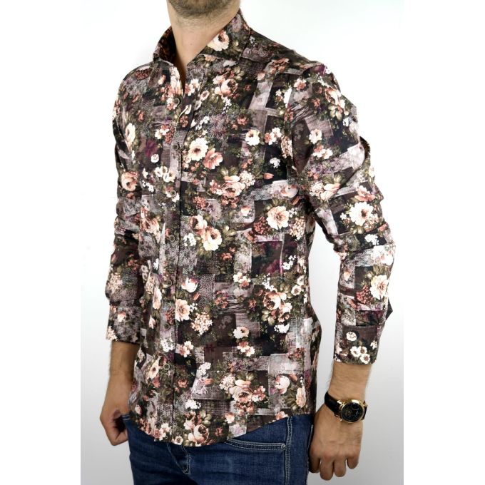 DANIEL BESSI Koszula męska fb213N beżowe, brązowe kwiaty | Sklep GriShop.eu | Koszule