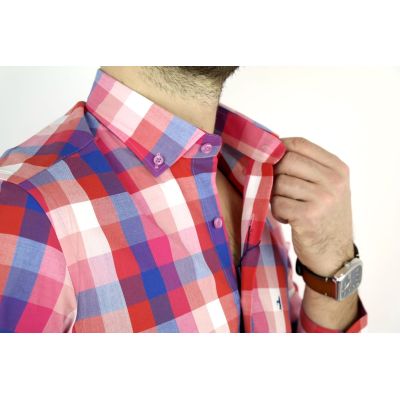 DANIEL BESSI Koszula męska fb233 kolorowa kratka, czerwona, niebieska | Sklep GriShop.eu | Koszule