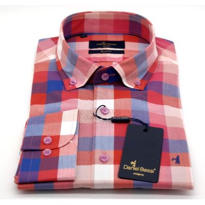 DANIEL BESSI Koszula męska fb233 kolorowa kratka, czerwona, niebieska | Sklep GriShop.eu | Koszule