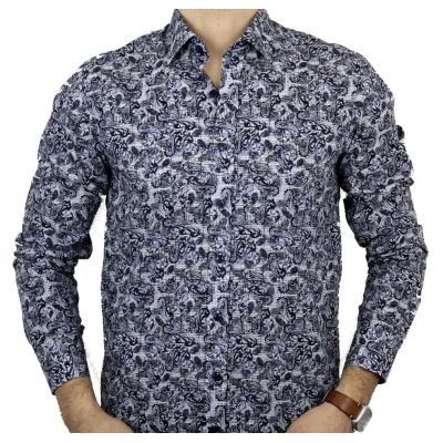 DANIEL BESSI Koszula męska fb339 granatowa, niebieska, kratka, liście | Sklep GriShop.eu | Koszule