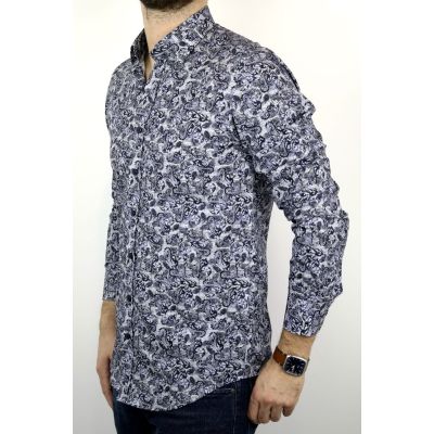 DANIEL BESSI Koszula męska fb339 granatowa, niebieska, kratka, liście | Sklep GriShop.eu | Koszule