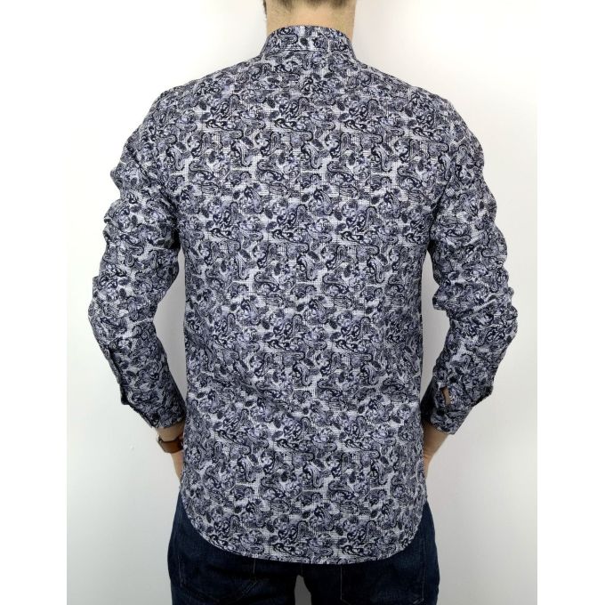 DANIEL BESSI Koszula męska fb339 granatowa, niebieska, kratka, liście | Sklep GriShop.eu | Koszule