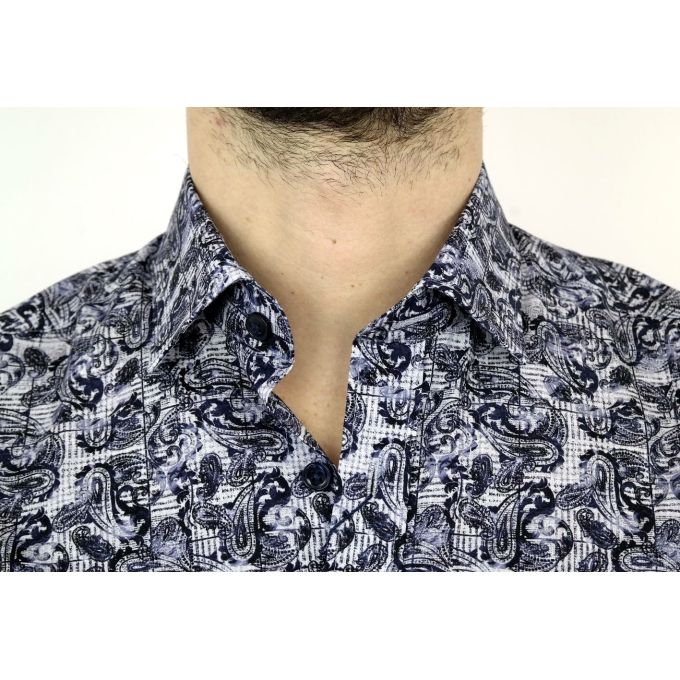 DANIEL BESSI Koszula męska fb339 granatowa, niebieska, kratka, liście | Sklep GriShop.eu | Koszule