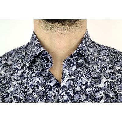 DANIEL BESSI Koszula męska fb339 granatowa, niebieska, kratka, liście | Sklep GriShop.eu | Koszule