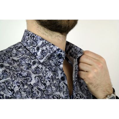 DANIEL BESSI Koszula męska fb339 granatowa, niebieska, kratka, liście | Sklep GriShop.eu | Koszule