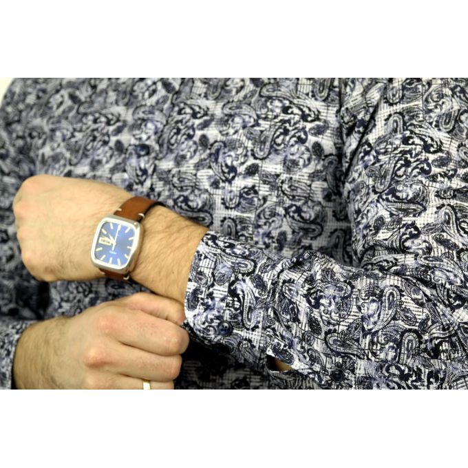 DANIEL BESSI Koszula męska fb339 granatowa, niebieska, kratka, liście | Sklep GriShop.eu | Koszule