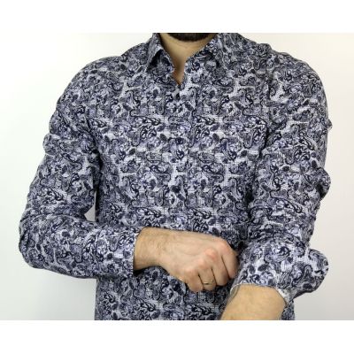 DANIEL BESSI Koszula męska fb339 granatowa, niebieska, kratka, liście | Sklep GriShop.eu | Koszule