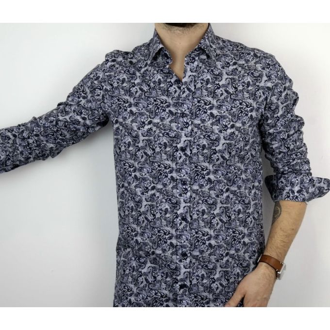 DANIEL BESSI Koszula męska fb339 granatowa, niebieska, kratka, liście | Sklep GriShop.eu | Koszule