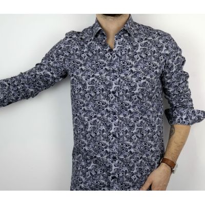 DANIEL BESSI Koszula męska fb339 granatowa, niebieska, kratka, liście | Sklep GriShop.eu | Koszule