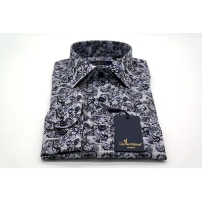 DANIEL BESSI Koszula męska fb339 granatowa, niebieska, kratka, liście | Sklep GriShop.eu | Koszule