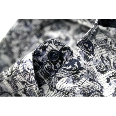 DANIEL BESSI Koszula męska fb339 granatowa, niebieska, kratka, liście | Sklep GriShop.eu | Koszule