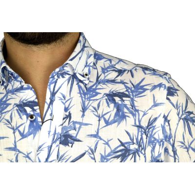 DANIEL BESSI Koszula męska fb374 biała, niebieski wzór, liście | Sklep GriShop.eu | Koszule