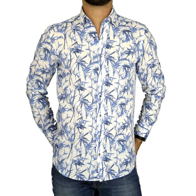 DANIEL BESSI Koszula męska fb374 biała, niebieski wzór, liście | Sklep GriShop.eu | Koszule
