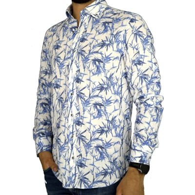 DANIEL BESSI Koszula męska fb374 biała, niebieski wzór, liście | Sklep GriShop.eu | Koszule