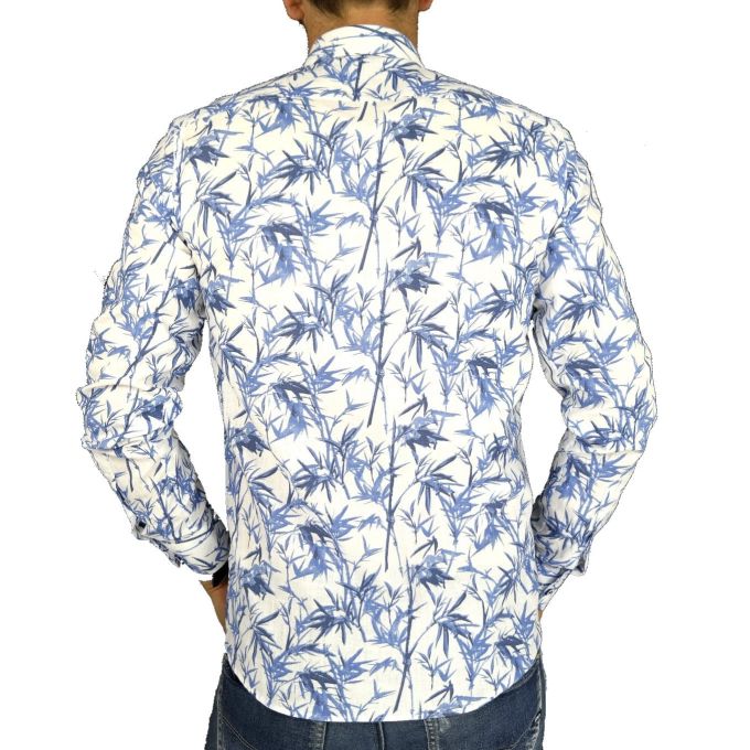 DANIEL BESSI Koszula męska fb374 biała, niebieski wzór, liście | Sklep GriShop.eu | Koszule