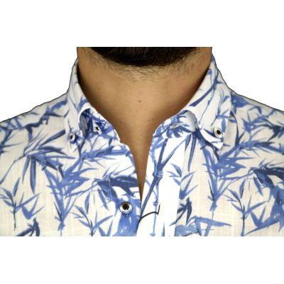 DANIEL BESSI Koszula męska fb374 biała, niebieski wzór, liście | Sklep GriShop.eu | Koszule