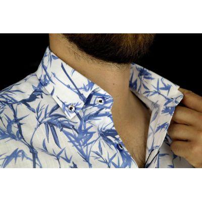 DANIEL BESSI Koszula męska fb374 biała, niebieski wzór, liście | Sklep GriShop.eu | Koszule