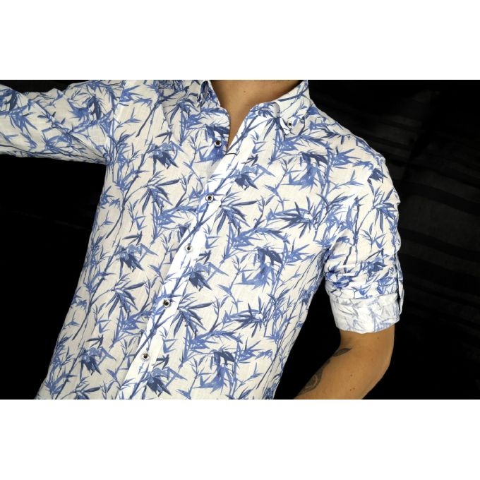DANIEL BESSI Koszula męska fb374 biała, niebieski wzór, liście | Sklep GriShop.eu | Koszule