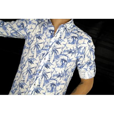 DANIEL BESSI Koszula męska fb374 biała, niebieski wzór, liście | Sklep GriShop.eu | Koszule