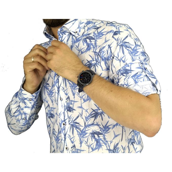 DANIEL BESSI Koszula męska fb374 biała, niebieski wzór, liście | Sklep GriShop.eu | Koszule