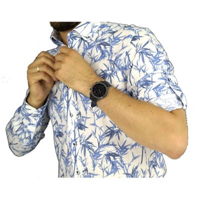 DANIEL BESSI Koszula męska fb374 biała, niebieski wzór, liście | Sklep GriShop.eu | Koszule
