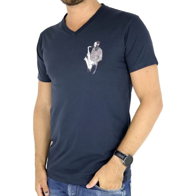 GIOVANNI PERA T-shirt męski granat serek saksofon TGP07 | Grishop | Koszulki