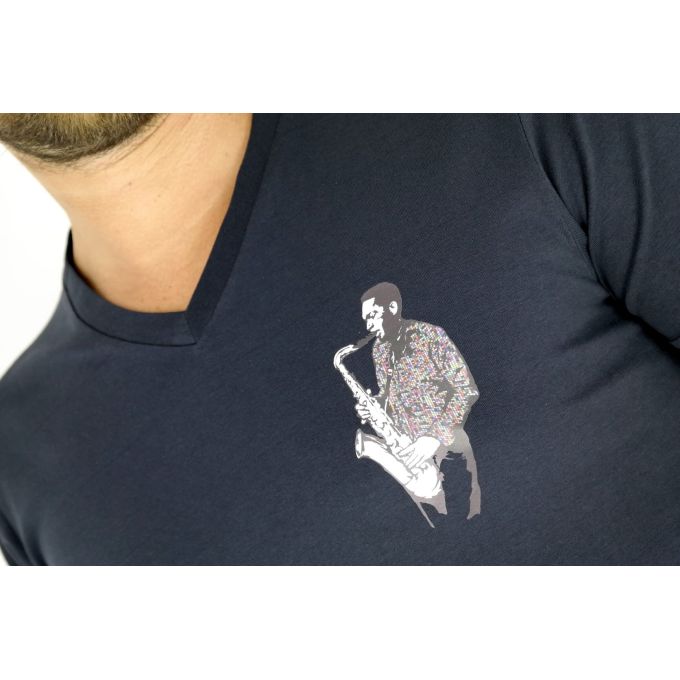 GIOVANNI PERA T-shirt męski granat serek saksofon TGP07 | Grishop | Koszulki
