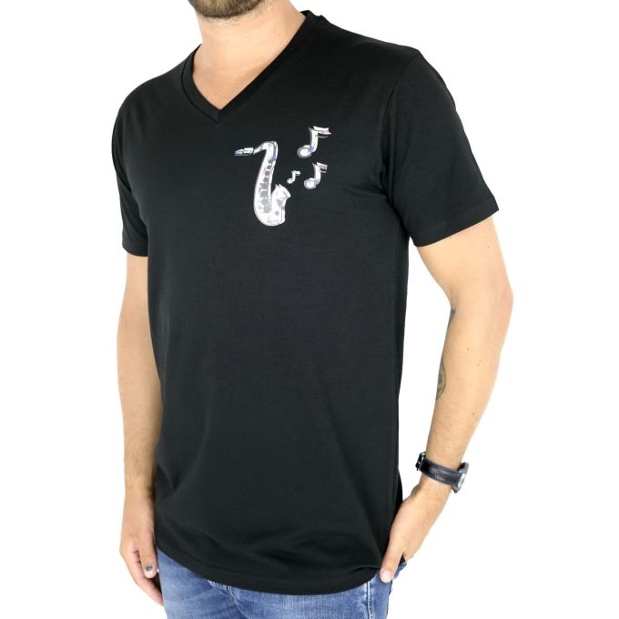 GIOVANNI PERA T-shirt męski czarny serek jazz TGP09 | Sklep GriShop.eu | Koszulki