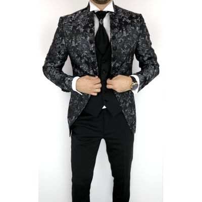 Garnitur męski z kamizelką i krawatem kwiaty, róże, srebrny GG02 | Sklep GriShop.eu | Garnitury