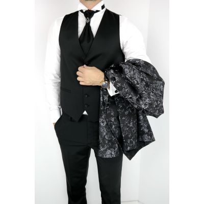 Garnitur męski z kamizelką i krawatem kwiaty, róże, srebrny GG02 | Sklep GriShop.eu | Garnitury