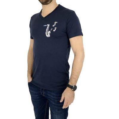 GIOVANNI PERA T-shirt męski granat serek jazz TGP11 | Grishop | Koszulki