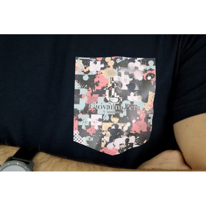 GIOVANNI PERA T-shirt męski granat puzzle TGP15 | Grishop | Koszulki