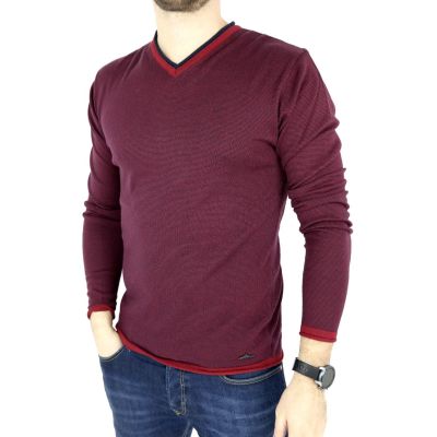 GREENBERG sweter męski prążki czerwony granat SWGB07 | Grishop | Swetry