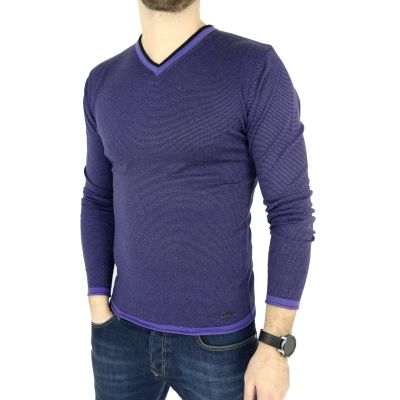 GREENBERG sweter męski prążki fiolet czarny SWGB08 | Grishop | Swetry