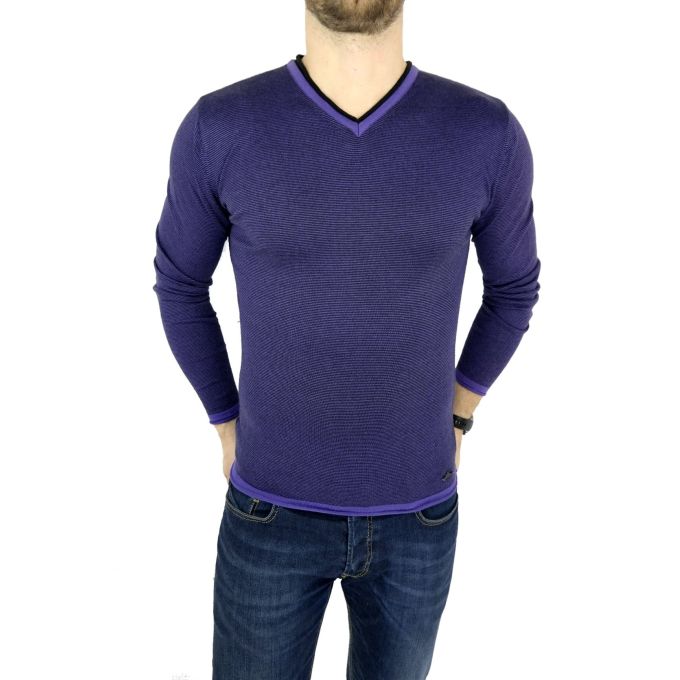 GREENBERG sweter męski prążki fiolet czarny SWGB08 | Grishop | Swetry