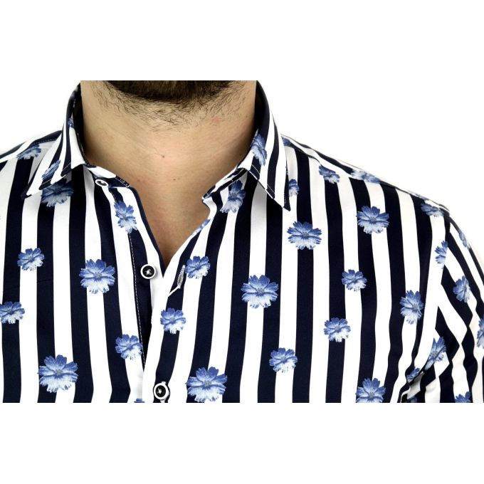 MCQUEEN Koszula męska granatowe paski kwiaty MC022 | Sklep GriShop.eu | Koszule