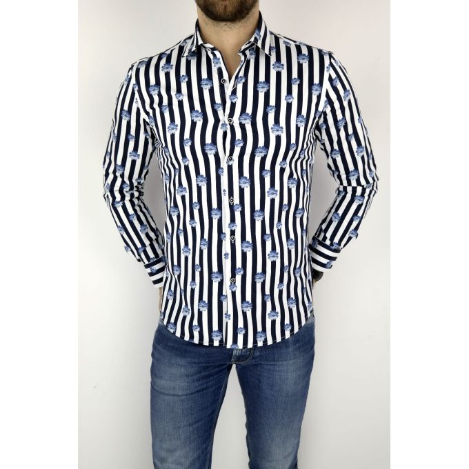 MCQUEEN Koszula męska granatowe paski kwiaty MC022 | Sklep GriShop.eu | Koszule