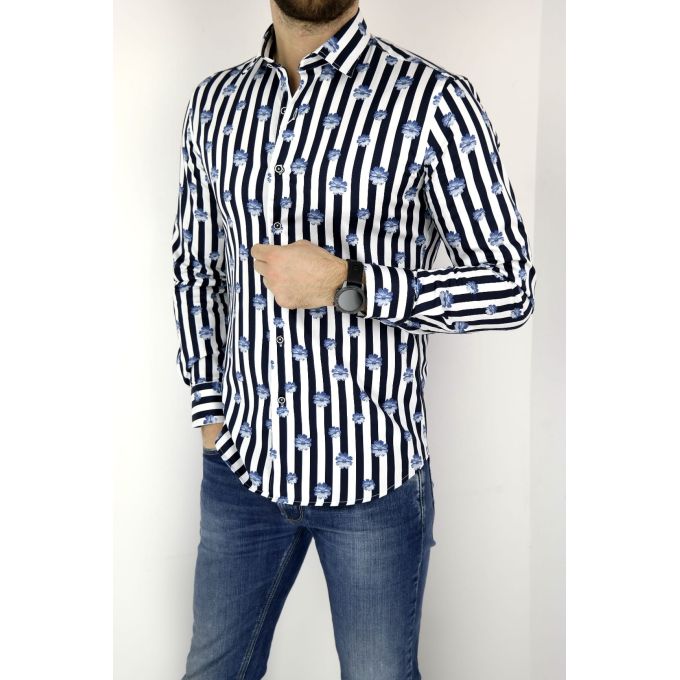 MCQUEEN Koszula męska granatowe paski kwiaty MC022 | Sklep GriShop.eu | Koszule