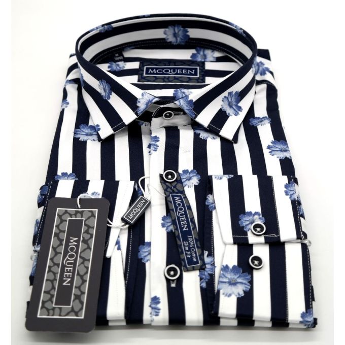 MCQUEEN Koszula męska granatowe paski kwiaty MC022 | Sklep GriShop.eu | Koszule