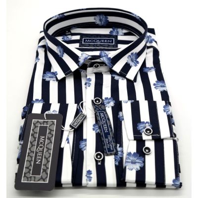 MCQUEEN Koszula męska granatowe paski kwiaty MC022 | Sklep GriShop.eu | Koszule