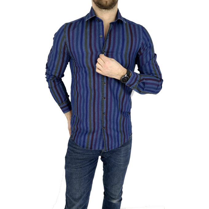 DANIEL BESSI Koszula męska fb531 JEANS KOLOROWE PASKI | Sklep GriShop.eu | Koszule