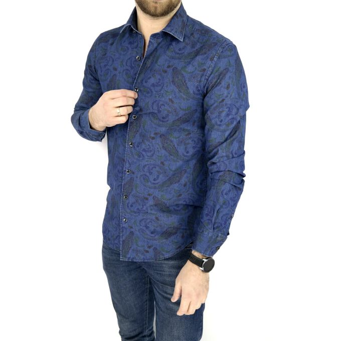 DANIEL BESSI Koszula męska fb530 Jeans Dżins kwiaty | Sklep GriShop.eu | Koszule