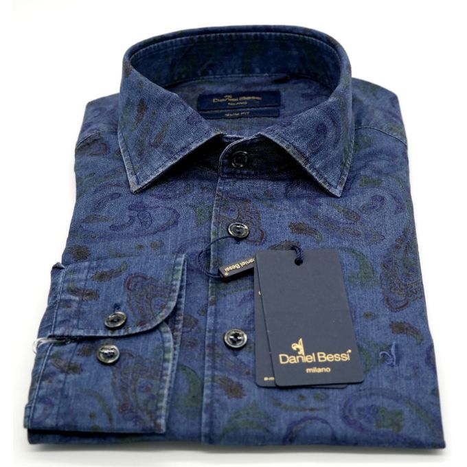 DANIEL BESSI Koszula męska fb530 Jeans Dżins kwiaty | Sklep GriShop.eu | Koszule