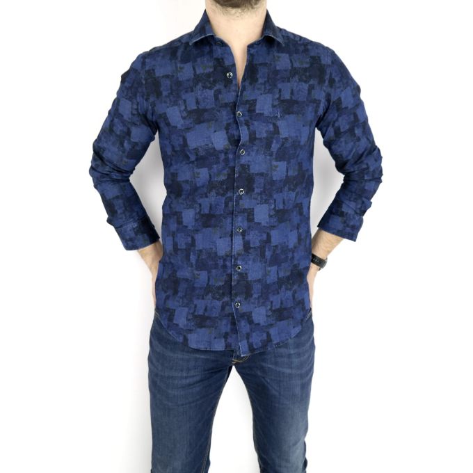 DANIEL BESSI Koszula męska fb528 Dżinsowa w kwiaty krata jeans | Sklep GriShop.eu | Koszule