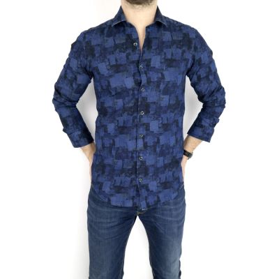 DANIEL BESSI Koszula męska fb528 Dżinsowa w kwiaty krata jeans | Sklep GriShop.eu | Koszule
