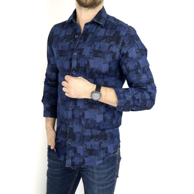DANIEL BESSI Koszula męska fb528 Dżinsowa w kwiaty krata jeans | Sklep GriShop.eu | Koszule